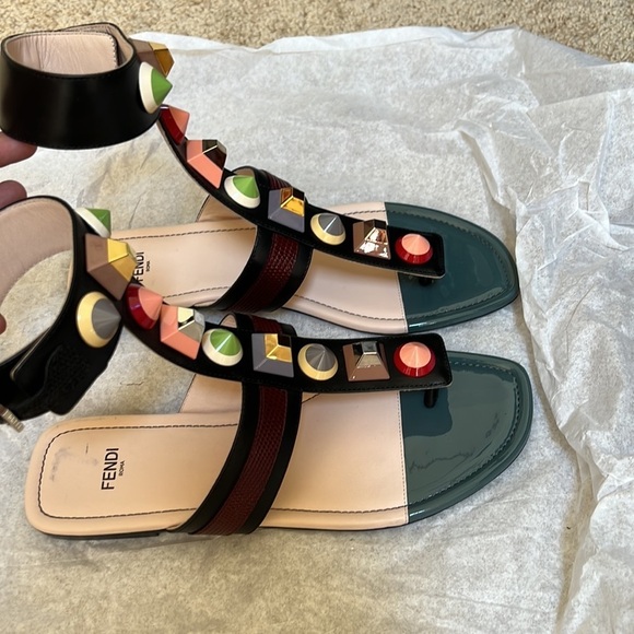 New! FENDI multicolor leather and lizard embossed multi studded Size 38 flats - Picture 3 of 10